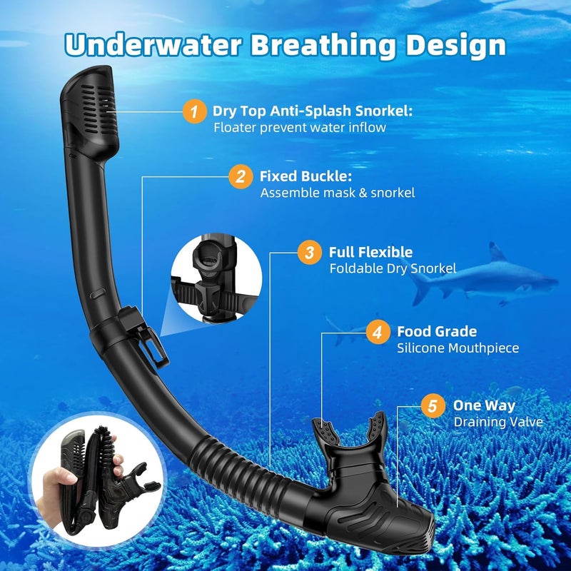 Honlanor Snorkel Set Adults Snorkeling Gear Anti-Leak and Anti-Fog Tempered Glass Lens Panoramic View Swim Mask Dry Top Snorkel Kit for Snorkeling Scuba Diving Swimming Travel with Carry Bag - Image 5